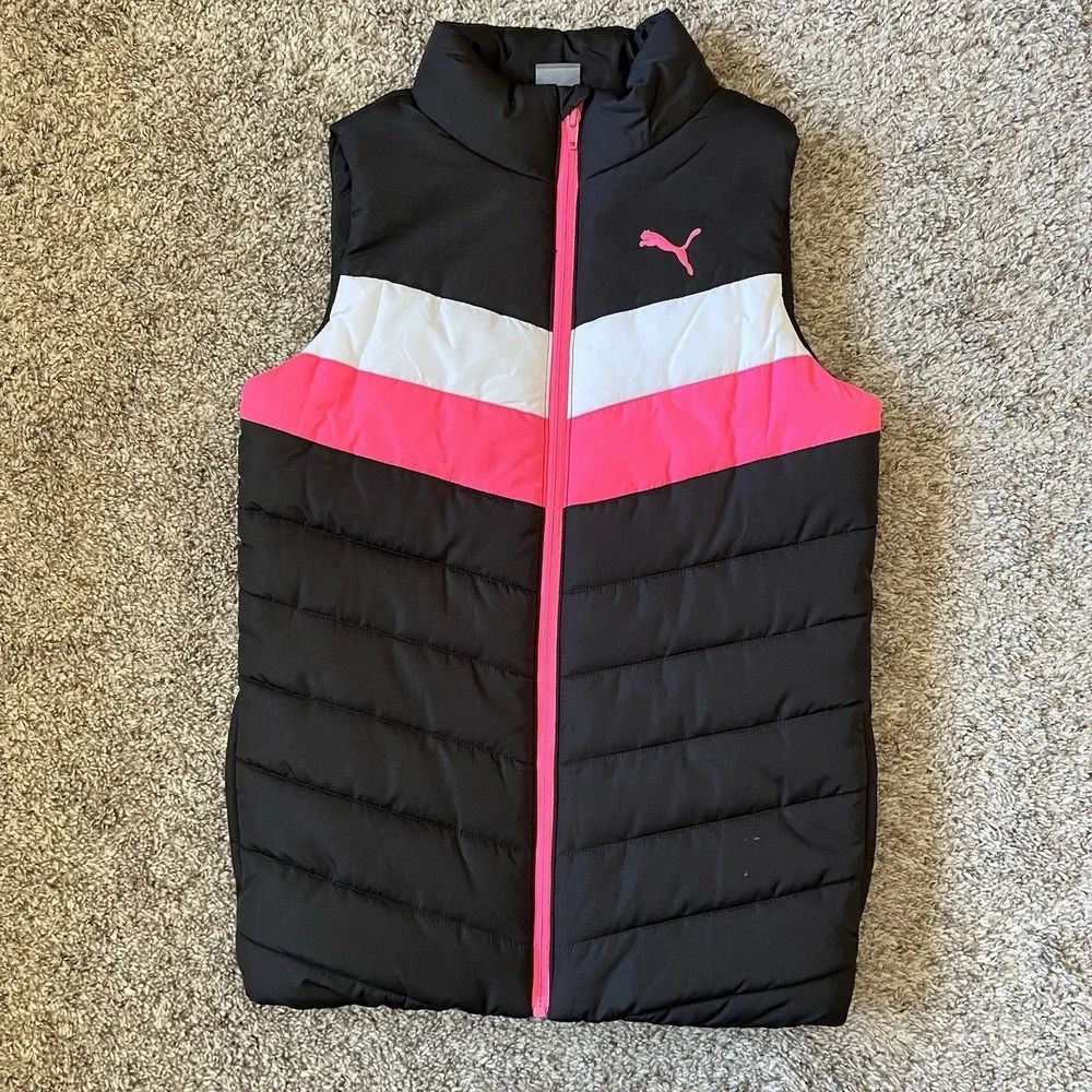 Puma Puffer Vest Girls Size Medium 10/12 Black/Pink/White - Picture 1 of 8